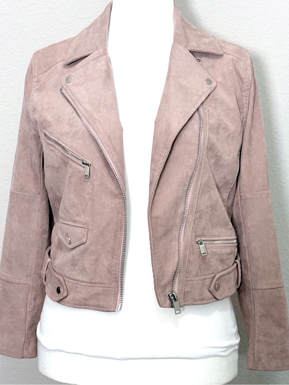 H&M Divided Blush Pink Dusty Rose Faux Suede Cropped Moto Biker Jacket Size 10